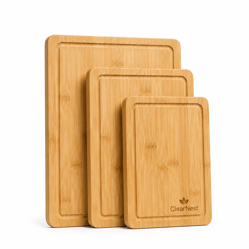 Amazon hero image of a bamboo cutting board set, marked for rework in a Shot Creative audit
